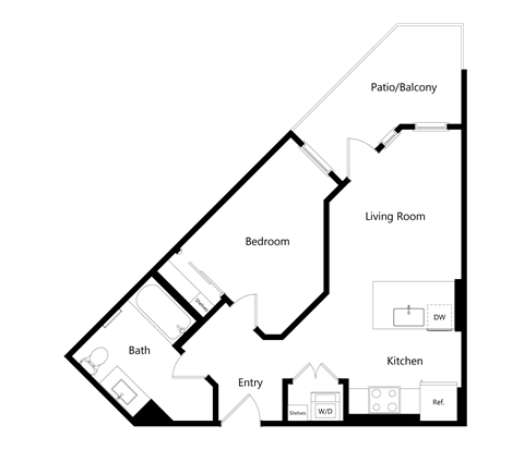 Floor plan for 1 bed, 1 bath, 572 sqft